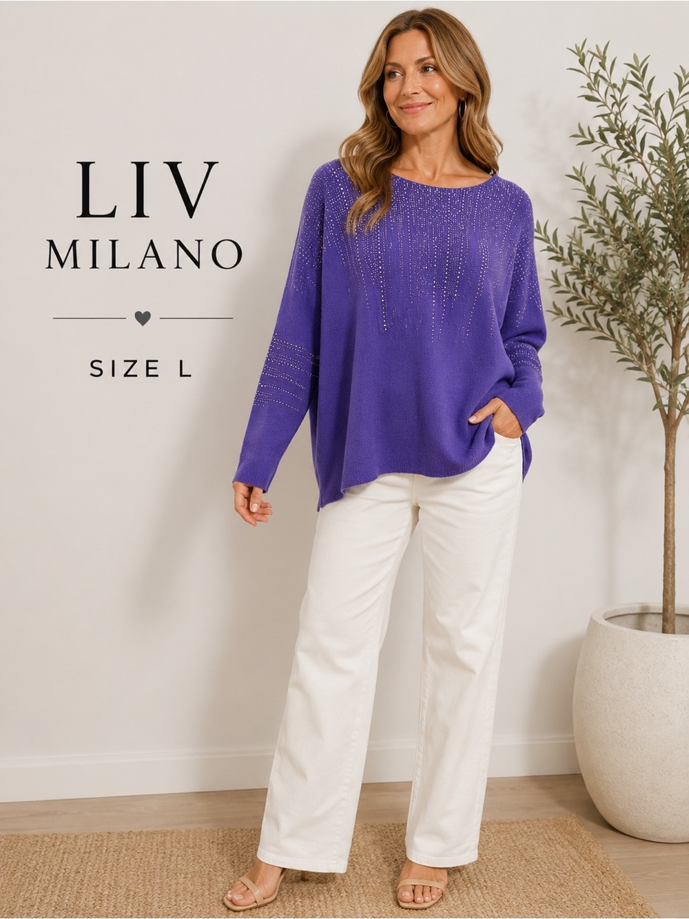 LIV Milano Purple Rhinestone Batwing Sweater Size L 
Embellished Dolman Top